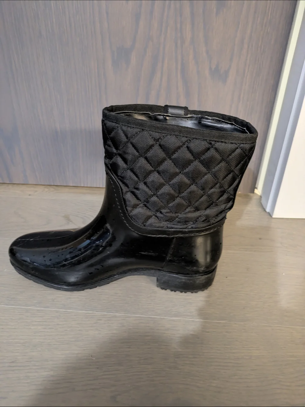 Black Quilted Rain Boots with Logo Button